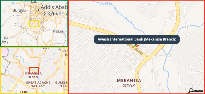 Map showing the address of Awash International Bank (Mekanisa Branch) in three different zoom levels.