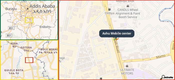 Map showing the address of Ashu Mobile center in three different zoom levels.