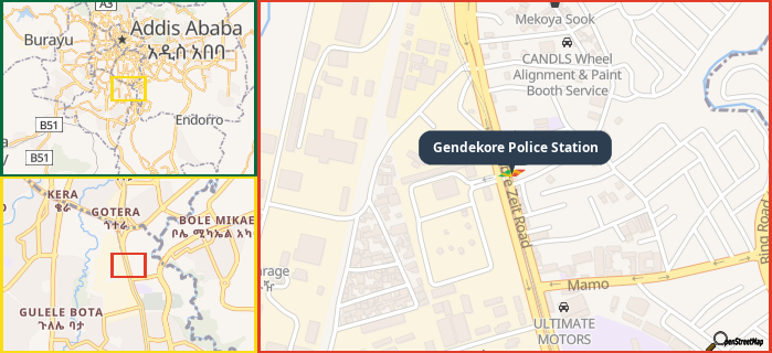 Map showing the address of Gendekore Police Station in three different zoom levels.