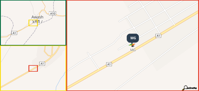 Map showing the address of MG in three different zoom levels.