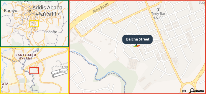 Map showing the address of Balcha Street in three different zoom levels.