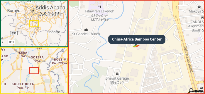 Map showing the address of China-Africa Bamboo Center in three different zoom levels.