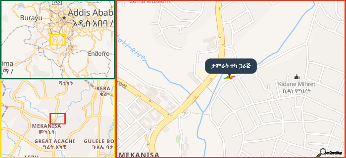 Map showing the address of ታምራት ተካ ጋራጅ in three different zoom levels.