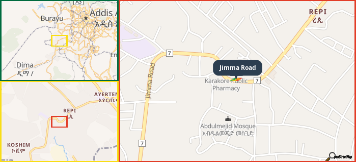 Map showing the address of Jimma Road in three different zoom levels.