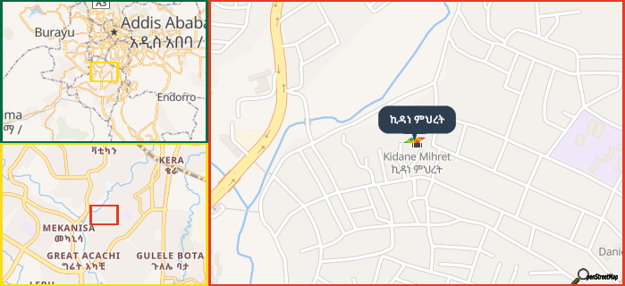 Map showing the address of ኪዳነ ምህረት in three different zoom levels.