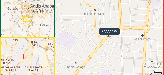 Map showing the address of አቢሲንያ ባንክ in three different zoom levels.