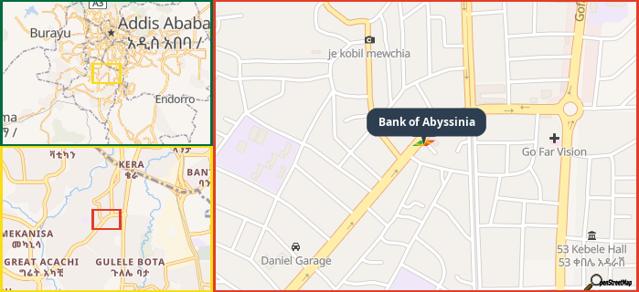 Map showing the address of Bank of Abyssinia in three different zoom levels.