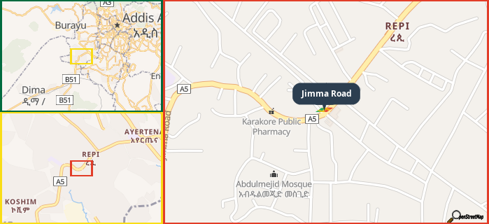 Map showing the address of Jimma Road in three different zoom levels.