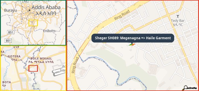 Map showing the address of Sheger SH089: Megenagna => Haile Garment in three different zoom levels.