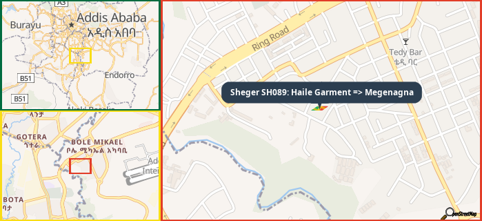 Map showing the address of Sheger SH089: Haile Garment => Megenagna in three different zoom levels.