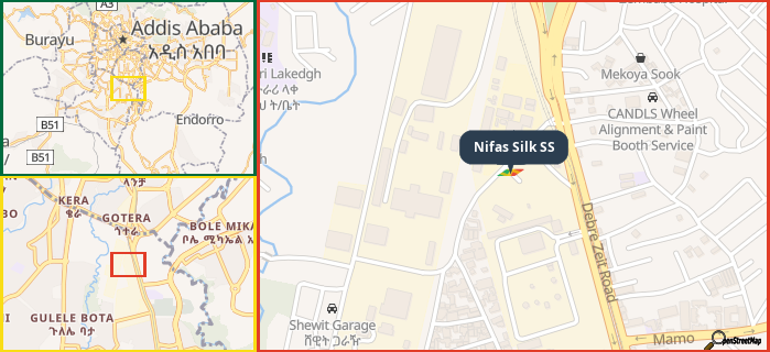 Map showing the address of Nifas Silk SS in three different zoom levels.