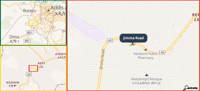 Map showing the address of Jimma Road in three different zoom levels.
