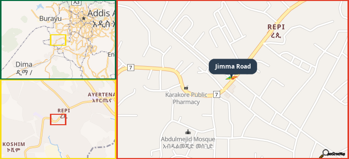 Map showing the address of Jimma Road in three different zoom levels.