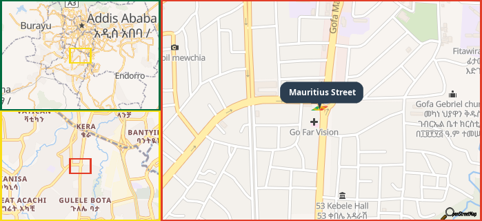 Map showing the address of Mauritius Street in three different zoom levels.