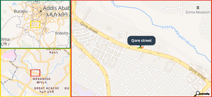 Map showing the address of Qore street in three different zoom levels.