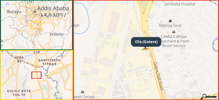 Map showing the address of Ola (Gotera) in three different zoom levels.