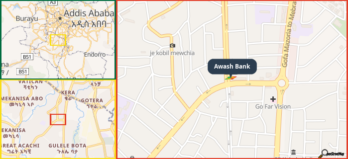 Map showing the address of Awash Bank in three different zoom levels.