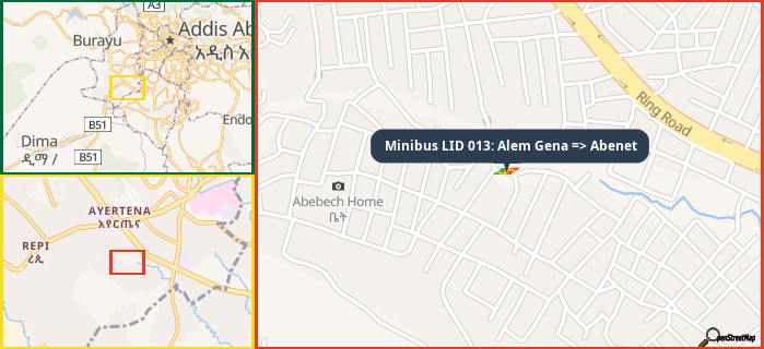 Map showing the address of Minibus LID 013: Alem Gena => Abenet in three different zoom levels.