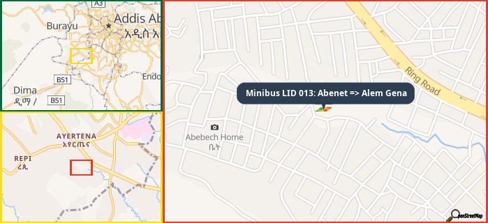 Map showing the address of Minibus LID 013: Abenet => Alem Gena in three different zoom levels.