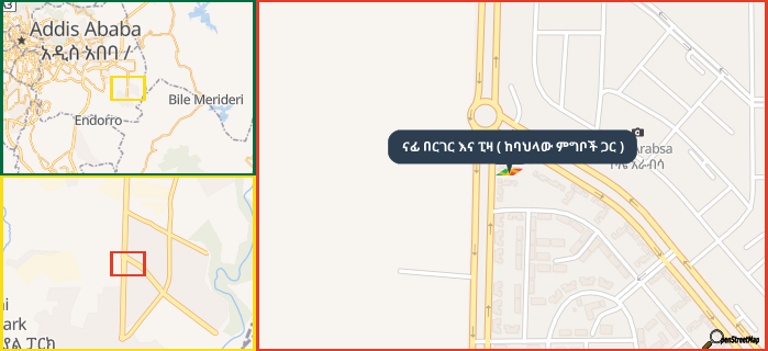 Map showing the address of ናፊ በርገር እና ፒዛ ( ከባህላው ምግቦች ጋር ) in three different zoom levels.