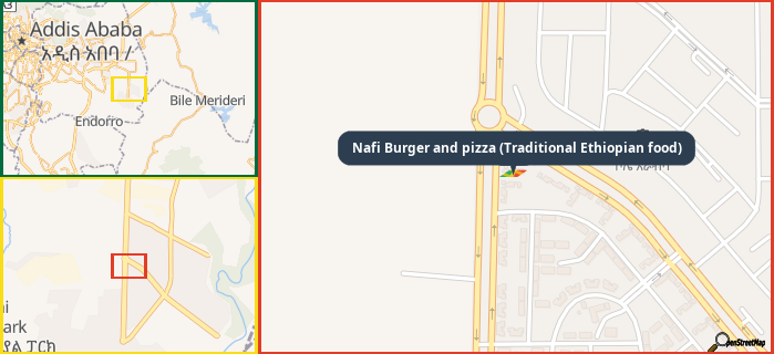 Map showing the address of Nafi Burger and pizza (Traditional Ethiopian food) in three different zoom levels.