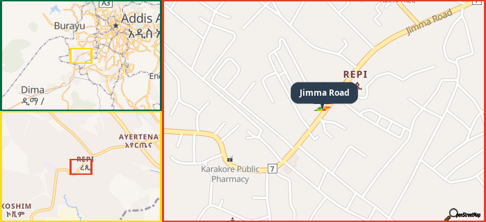 Map showing the address of Jimma Road in three different zoom levels.