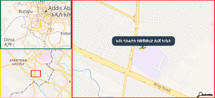 Map showing the address of አብነ ባስልዮስ የመጀመሪያ ደረጃ ት/ቤት in three different zoom levels.