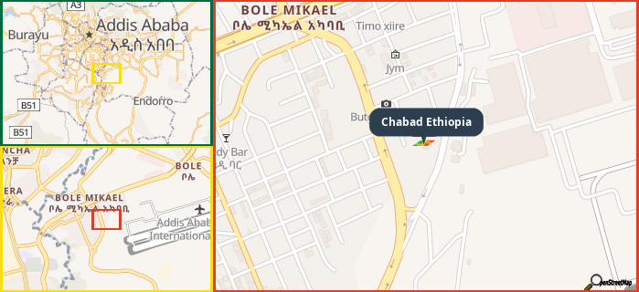 Map showing the address of Chabad Ethiopia in three different zoom levels.