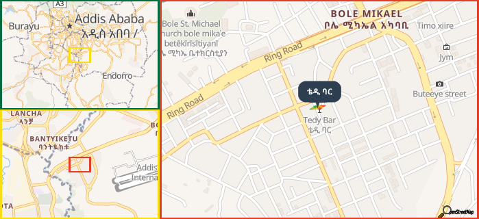Map showing the address of ቴዲ ባር in three different zoom levels.