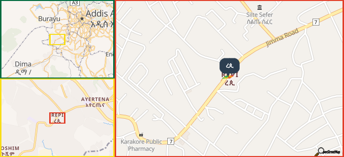 Map showing the address of ረጲ in three different zoom levels.