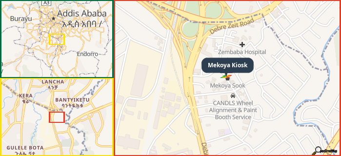 Map showing the address of Mekoya Kiosk in three different zoom levels.
