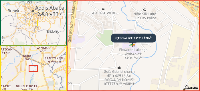 Map showing the address of ፊታውራሪ ላቀ እድገህ ት/ቤት in three different zoom levels.