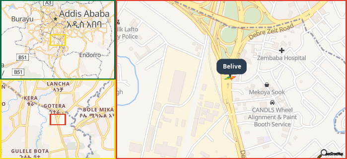Map showing the address of Belive in three different zoom levels.