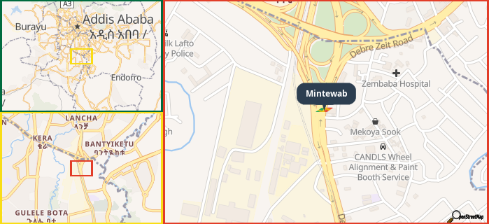 Map showing the address of Mintewab in three different zoom levels.