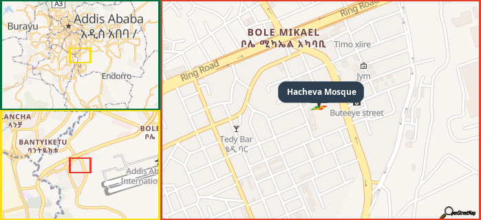 Map showing the address of Hacheva Mosque in three different zoom levels.