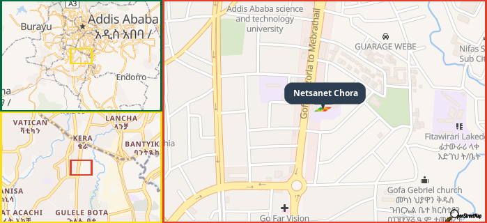 Map showing the address of Netsanet Chora in three different zoom levels.