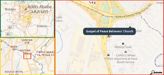 Map showing the address of Gospel of Peace Believers' Church in three different zoom levels.