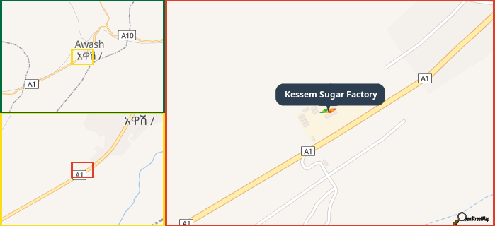 Map showing the address of Kessem Sugar Factory in three different zoom levels.