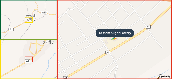 Map showing the address of Kessem Sugar Factory in three different zoom levels.