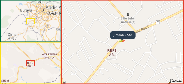 Map showing the address of Jimma Road in three different zoom levels.