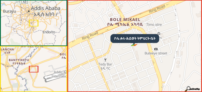 Map showing the address of ቦሌ ቃለ-ሕይወት ትምህርት-ቤት in three different zoom levels.