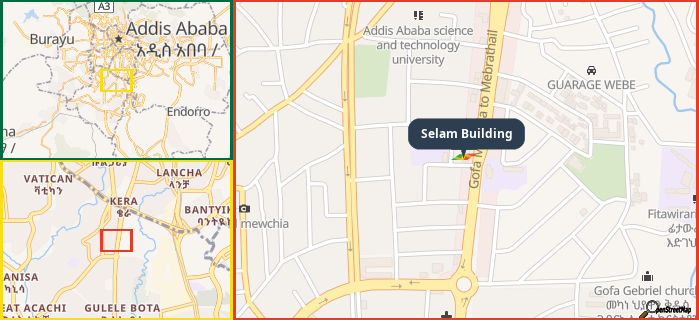 Map showing the address of Selam Building in three different zoom levels.