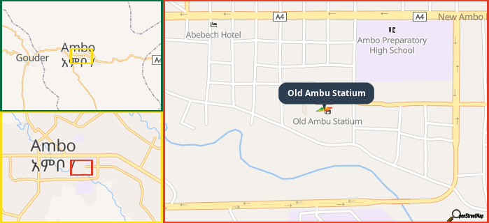 Map showing the address of Old Ambu Statium in three different zoom levels.