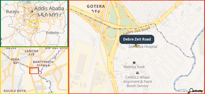Map showing the address of Debre Zeit Road in three different zoom levels.