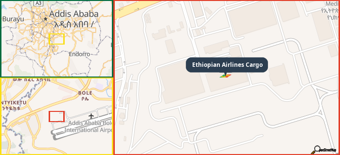 Map showing the address of Ethiopian Airlines Cargo in three different zoom levels.