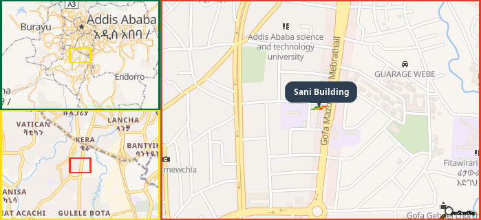 Map showing the address of Sani Building in three different zoom levels.