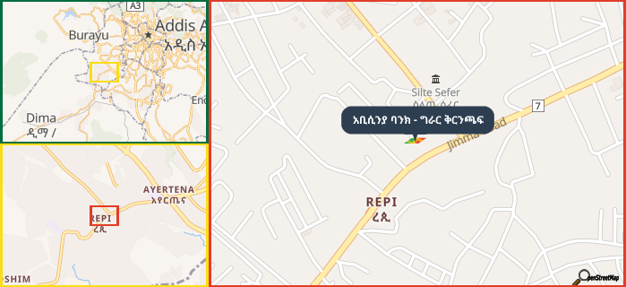 Map showing the address of አቢሲንያ ባንክ - ግራር ቅርንጫፍ in three different zoom levels.