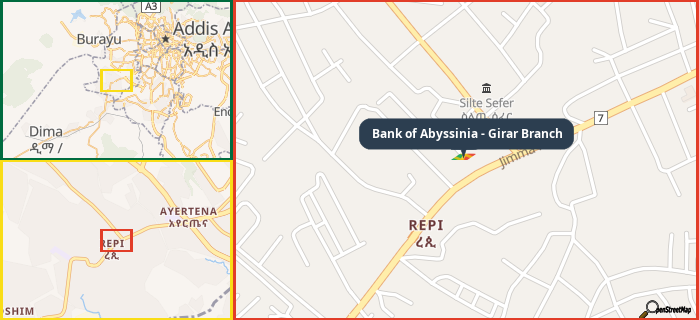 Map showing the address of Bank of Abyssinia - Girar Branch in three different zoom levels.