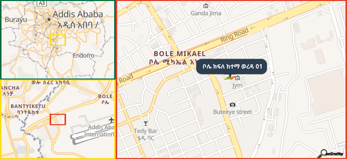 Map showing the address of ቦሌ ክፍለ ከተማ ወረዳ 01 in three different zoom levels.