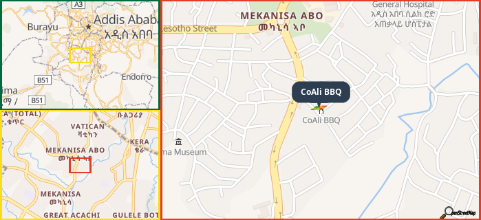 Map showing the address of CoAli BBQ in three different zoom levels.